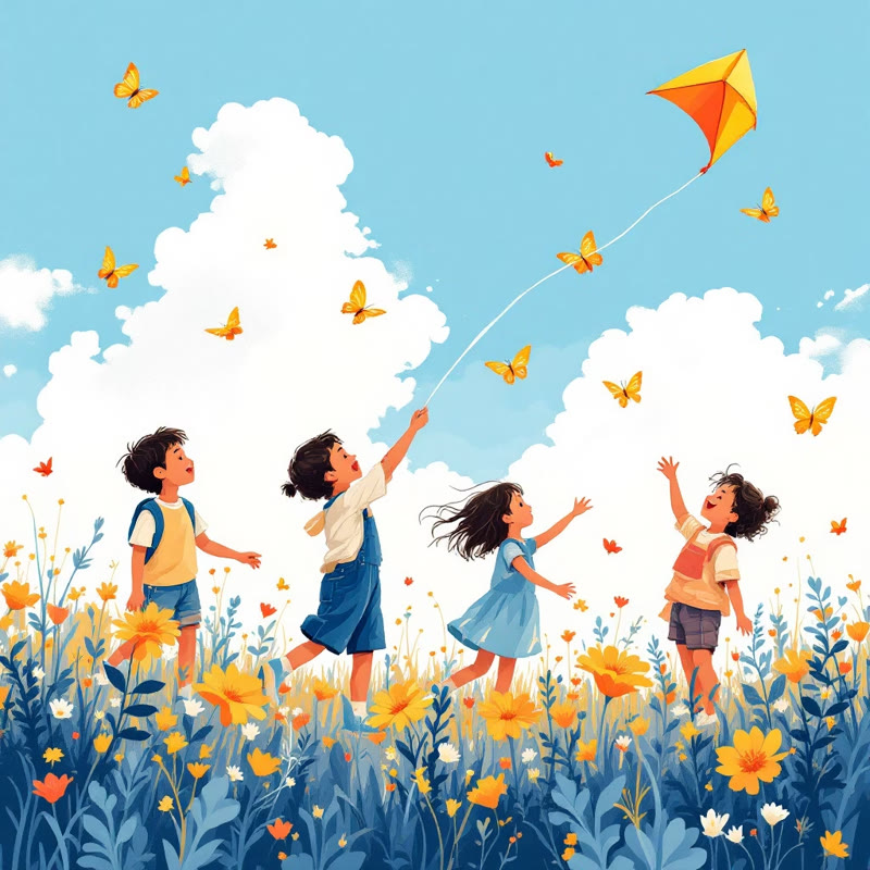 Happy children flying a kite among flowers and butterflies in spring